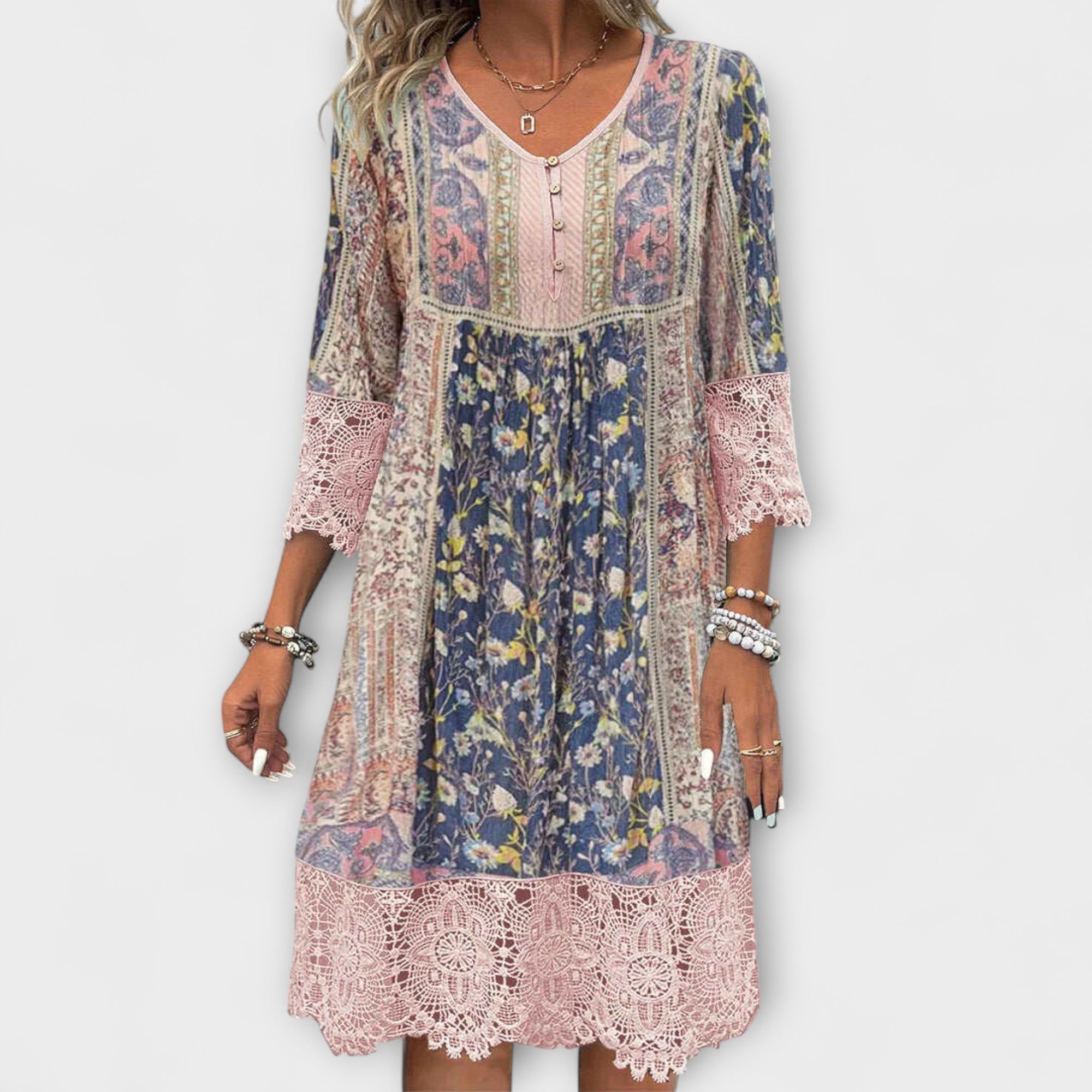 Casey - Boho Lace Dress with Vintage Floral Print