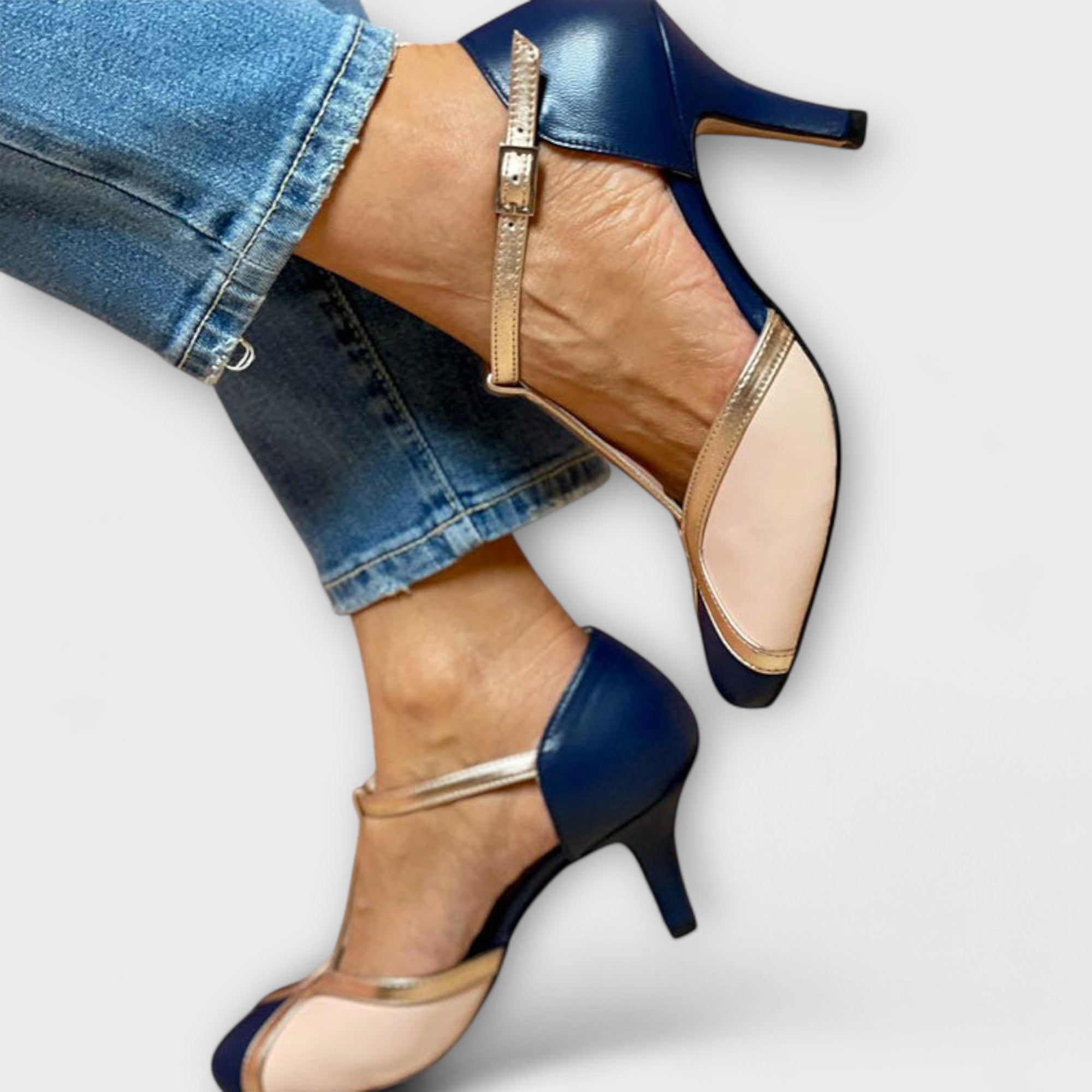 Alessia – Two-Tone T-Strap Elegance